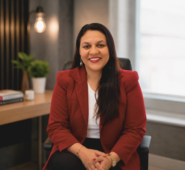 Psicopedagoga Regiane Oliveira sorrindo, de blazer vermelho, sentada em um consultório na Clínica Granata.