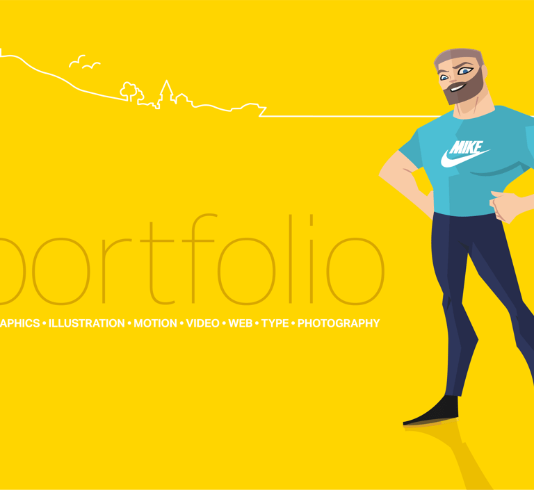 Digital illustration of a man for a design portfolio featuring graphics, motion, and web services.