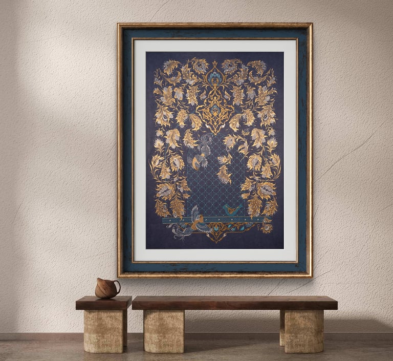 Close up of 24k gold leaf texture showing a traditional Eslimi spiral an infinite interlacing arabes