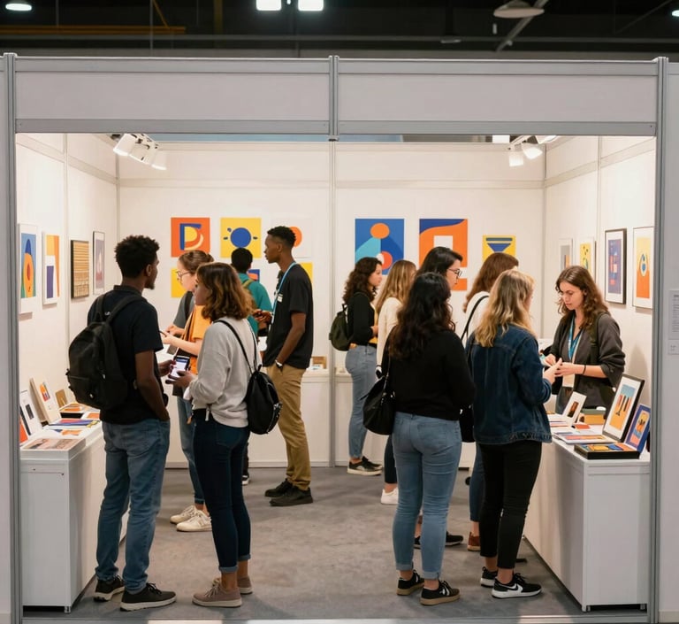 A lively crowd of diverse artists sharing their work and ideas in a bright, modern festival space filled with colorful art installations.