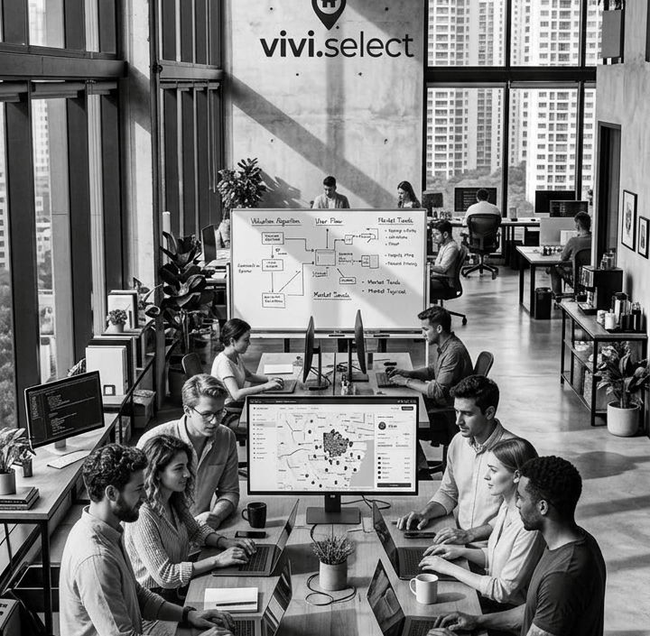 Diverse creative team working on laptops in a modern open-plan office with city views.