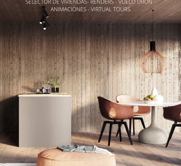 Modern 3D interior render showing a dining area with wood walls, leather chairs, and architectural lighting.