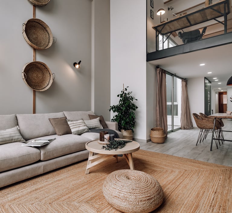 Living area with wooden elements, natural fibers and neutral color palette in Rute interior design
