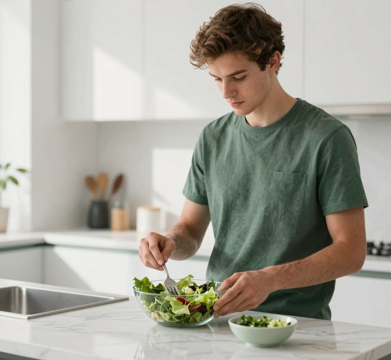 A minimalist, high-end kitchen setting with a soft morning light. A confident Gen Z creator is preparing a vibrant green salad. The aesthetic is clean and editorial, featuring white marble surfaces and subtle forest green (#1A4D2E) accents. Professional photography style with a shallow depth of field.