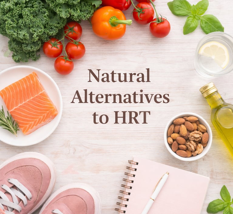 Flat lay image of natural menopause support tools including fresh vegetables, salmon, nuts, oliveoil