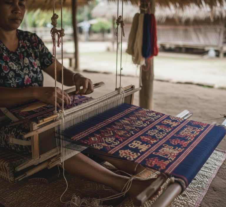 Tenun ikat in the making on a traditional loom