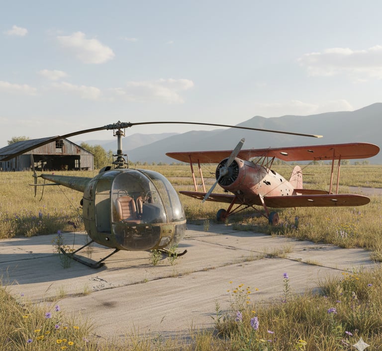 a helicopter with a plane on the ground