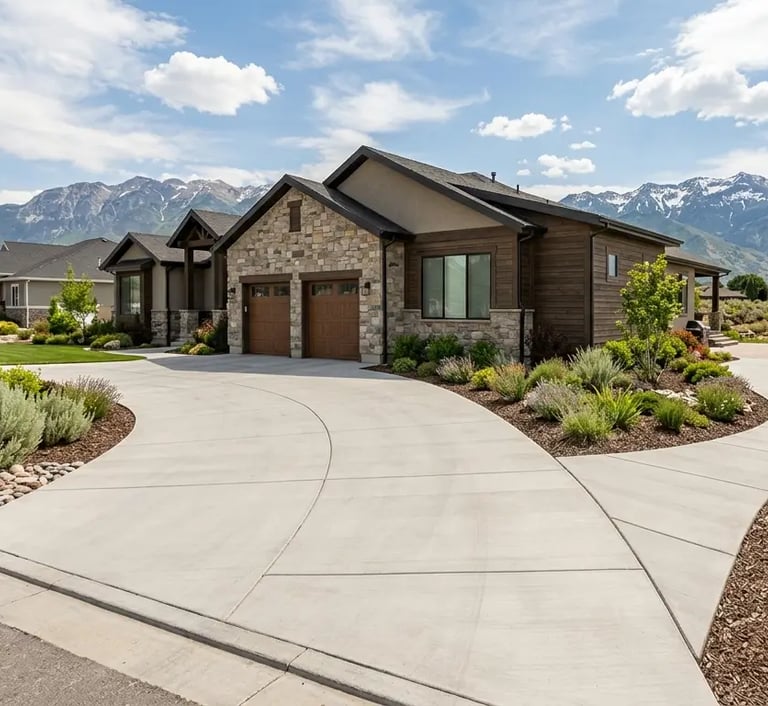 beautifully landscaped suburban home in Utah with concrete driveway and sidewalk