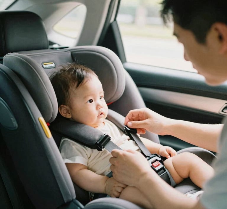 Gros plan sur un bébé correctement attaché dans son cosy dos à la route dans une voiture