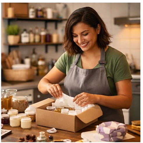 A woman small business owner packing up products to sell.