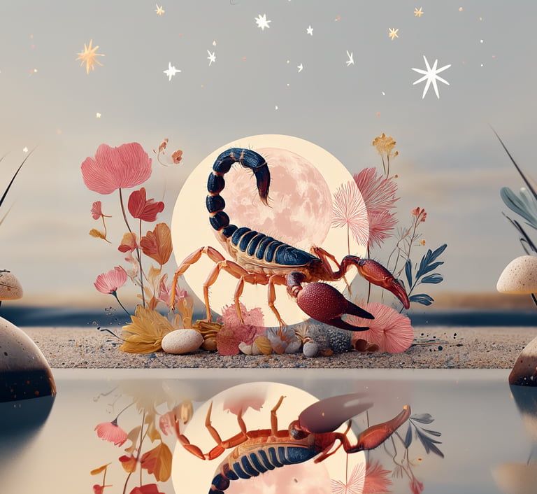illustration d'un scorpion dans un envionnement floral devant la pleine lune