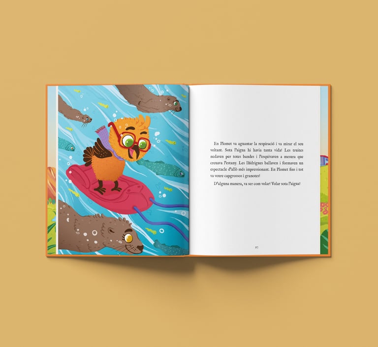 Illustrated children's book featuring a cute bird surfing underwater with seals and fish.