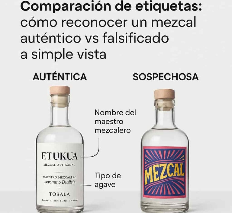 Diferencias entre etiqueta de mezcal auténtico con información completa y etiqueta genérica con dato