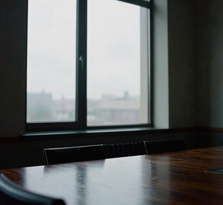 Dramatic low-key window light casting deep shadows across an empty, quiet boardroom. Cool, overcast daylight filters through large architectural windows, reflecting on a polished dark wood table. 35mm film style.