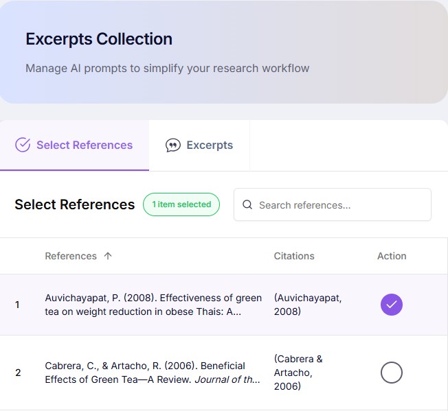 A research workflow software interface showing a list of academic references and citations for AI prompt management.