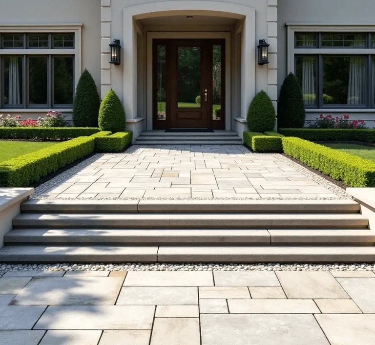 a house with a large concrete steps leading to a large front door