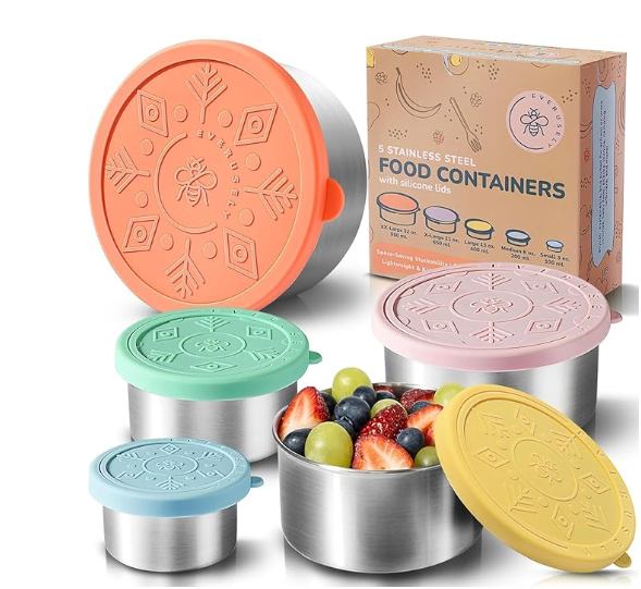Everusely set of 5 nesting stainless steel food containers with colorful silicone lids.