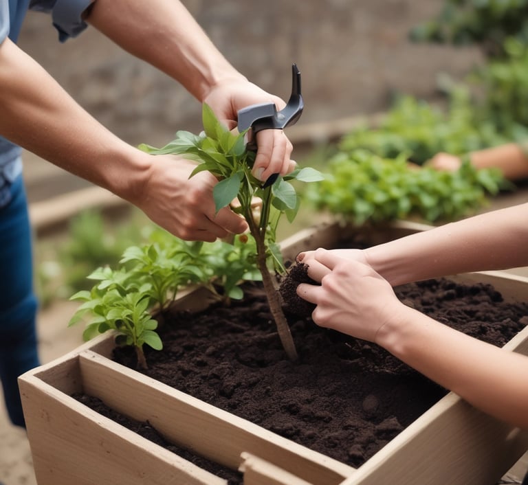 A set of garden tools including a fork, a spade, and a trowel are laid out on a rustic wooden surface. Nearby, there are pine cones and a bunch of white cotton flowers, adding a natural and earthy feel to the composition.