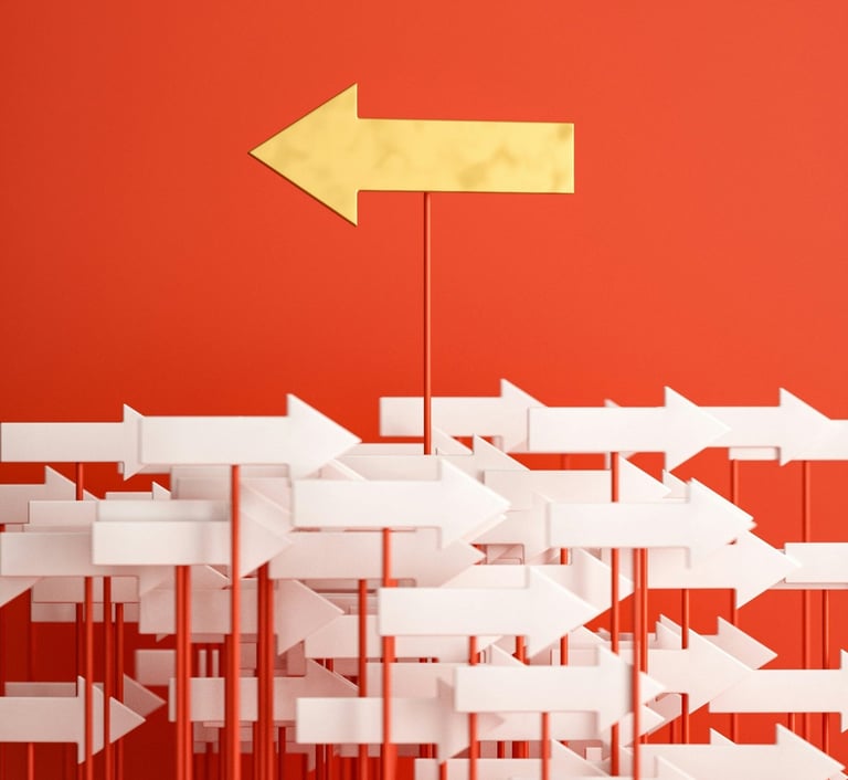 Auksinė rodyklė išsiskiria iš kitų, simbolizuojanti "Gervė Web Works" kryptį ir unikalumą.