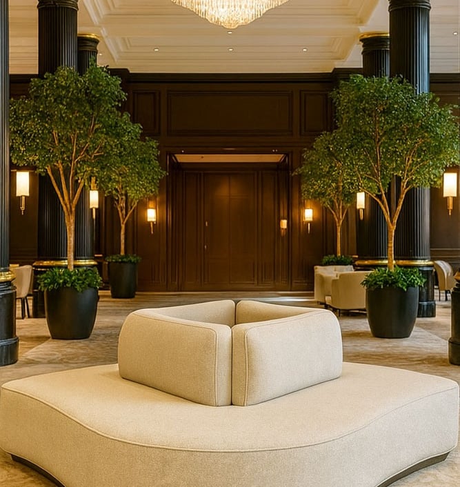 Unique wave-shaped banquette with plush beige upholstery and layered backrests, custom designed by Solo Home Décor.