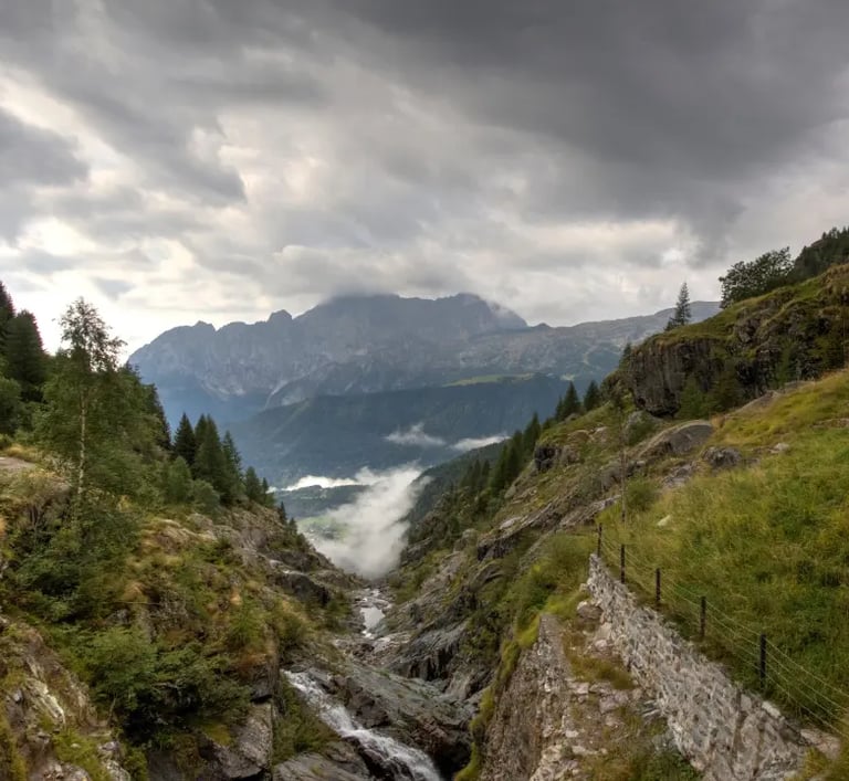 Ruins of the Gleno Dam arches in the Val di Scalve mountains, Lombardy