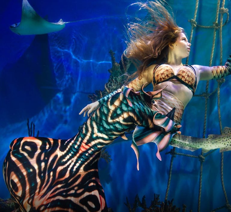 A mertailor performing mermaid wearing an elaborate whimsy tail underwater.