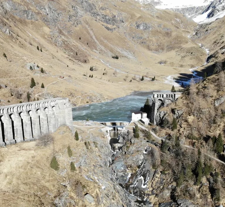 Ruins of the Gleno Dam arches in the Val di Scalve mountains, Lombardy