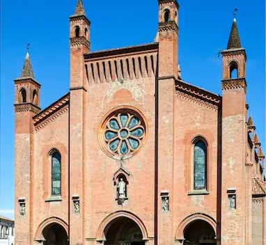 Alba Cathedral in Piedmont, Italy, historic red-brick church dedicated to Saint Lawrence