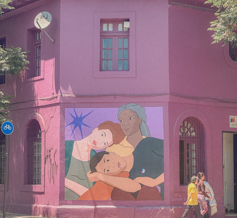 Chilean streets with purple mural art, Santiago de Chile, South America