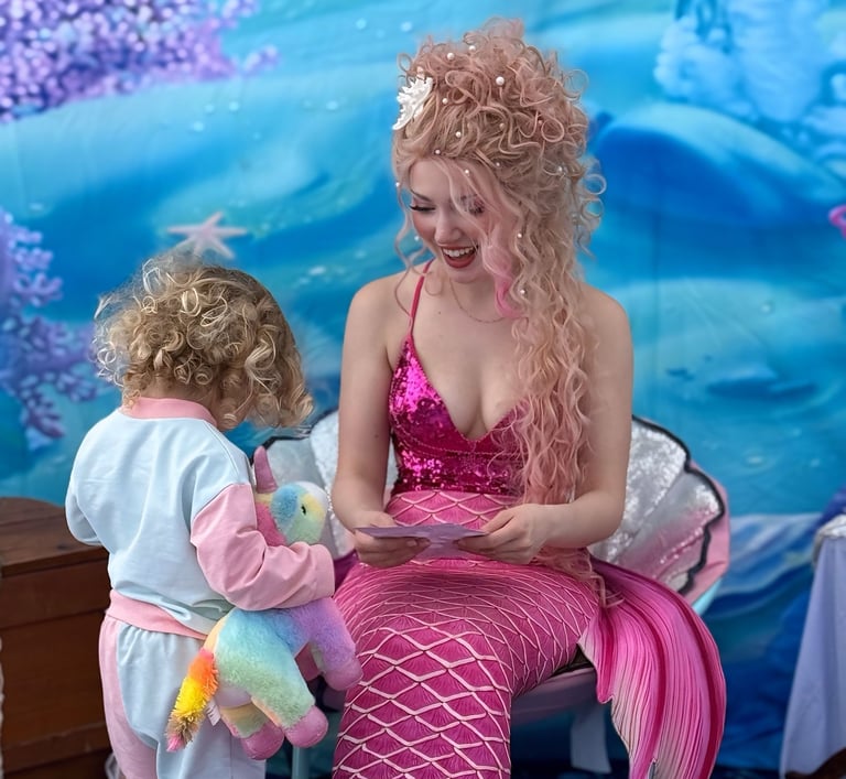 Pink mermaid shares a smile with a kid