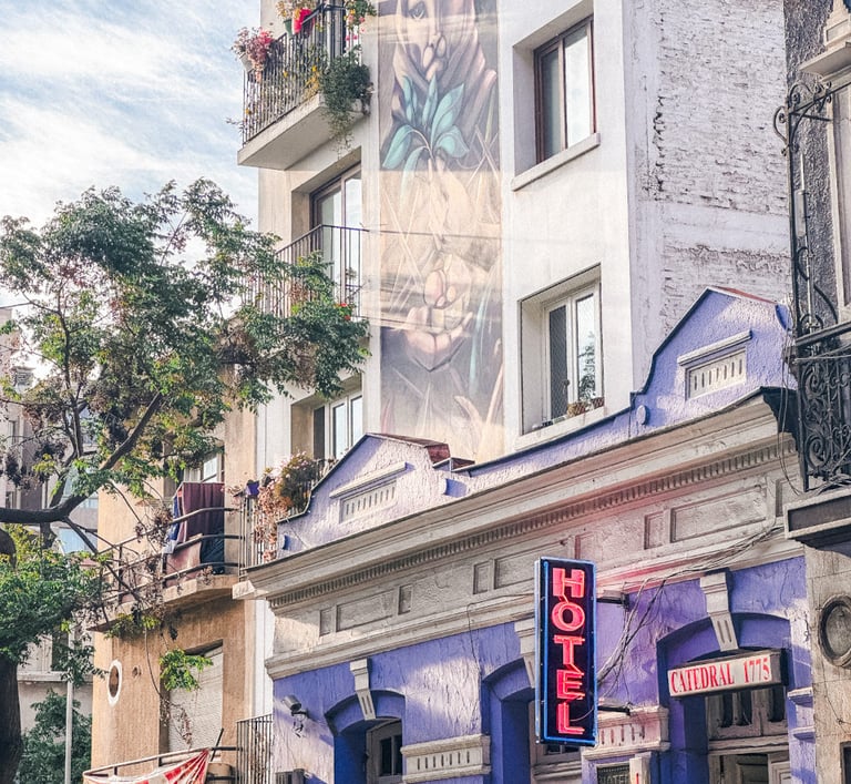 Chilean streets with purple mural art, Santiago de Chile, South America
