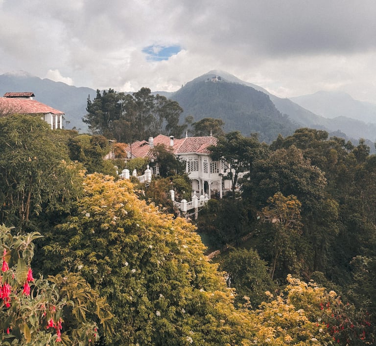 Colonial white house in the mountains of Bogota, Colombia, South America