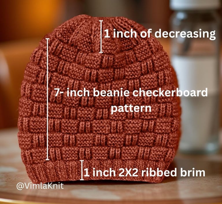 Vimlaknit checkerboard beanie measurement: 7-inch length, 1-inch ribbed brim, 1-inch crown decrease.
