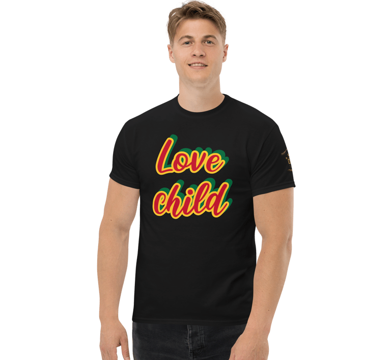a man in a black shirt with the words love child on it