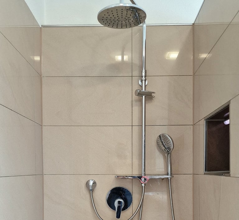 Tageslichtbad mit bodengleicher Dusche mit mit Kopf- und Handbrause, Nische & Echtglastür