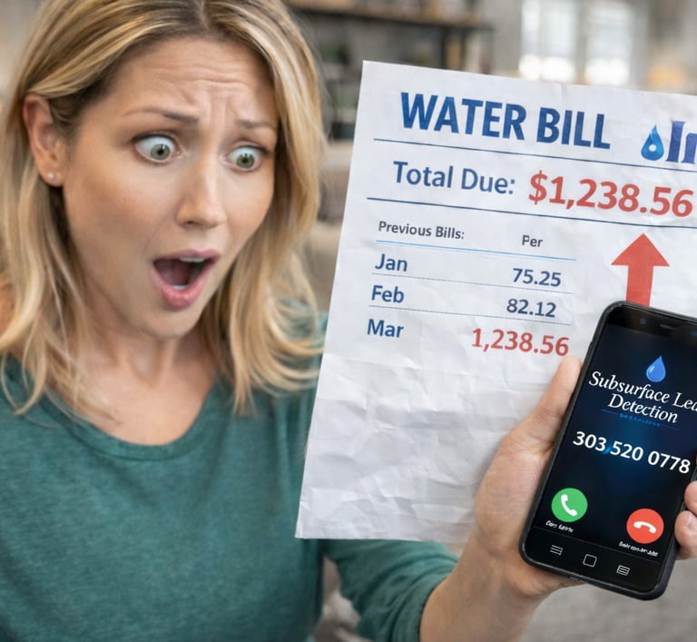woman holding water bill and calling subsurface leak detection 