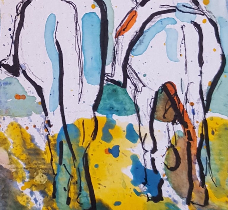 My mixed media painting of a group of people riding horses