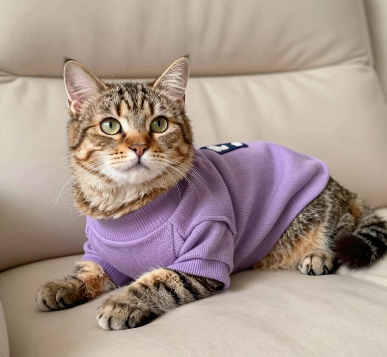 A cute tabby cat wearing a purple pet sweater lounging on a beige leather sofa.