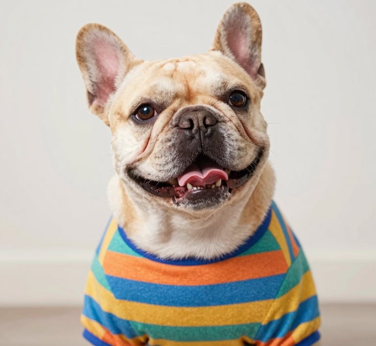 A smiling tan French Bulldog wearing a colorful striped pet shirt sitting against a plain white wall.