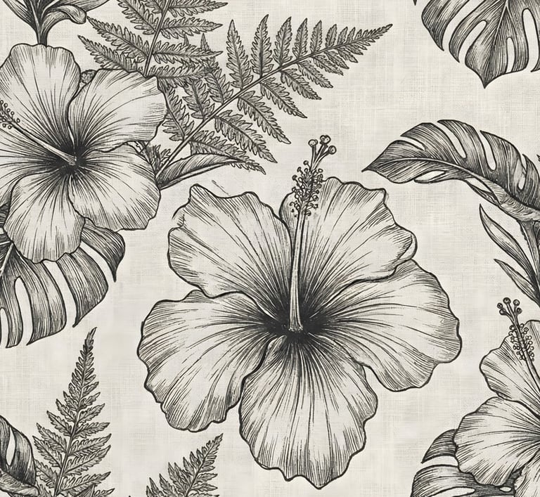 Summer Theme | Vintage Tropical Hibiscus & Monstera Sketch