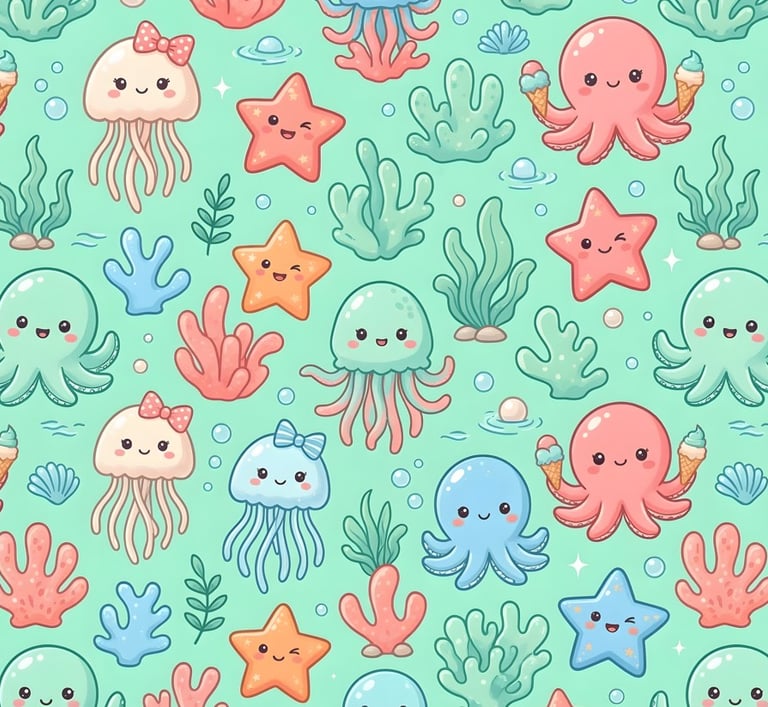 Summer Theme | Playful Ocean Summer Pattern | Kawaii Sea Creatures Design