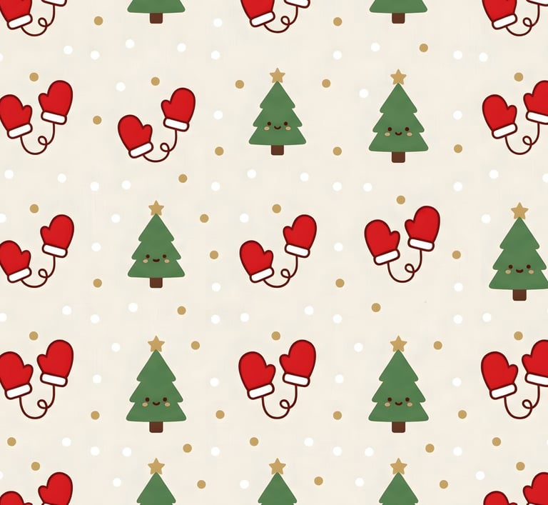 Christmas Theme | Kawaii Smiling Christmas Trees and Red Mitten