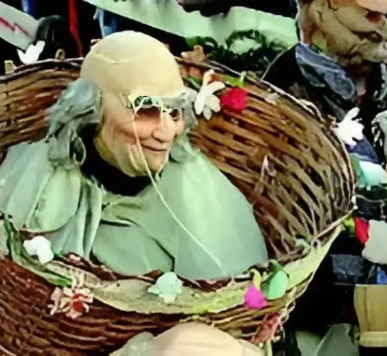 Masked “Maschér” clown in a wicker basket costume with flowers during Bagolino Carnival in Lombardy,