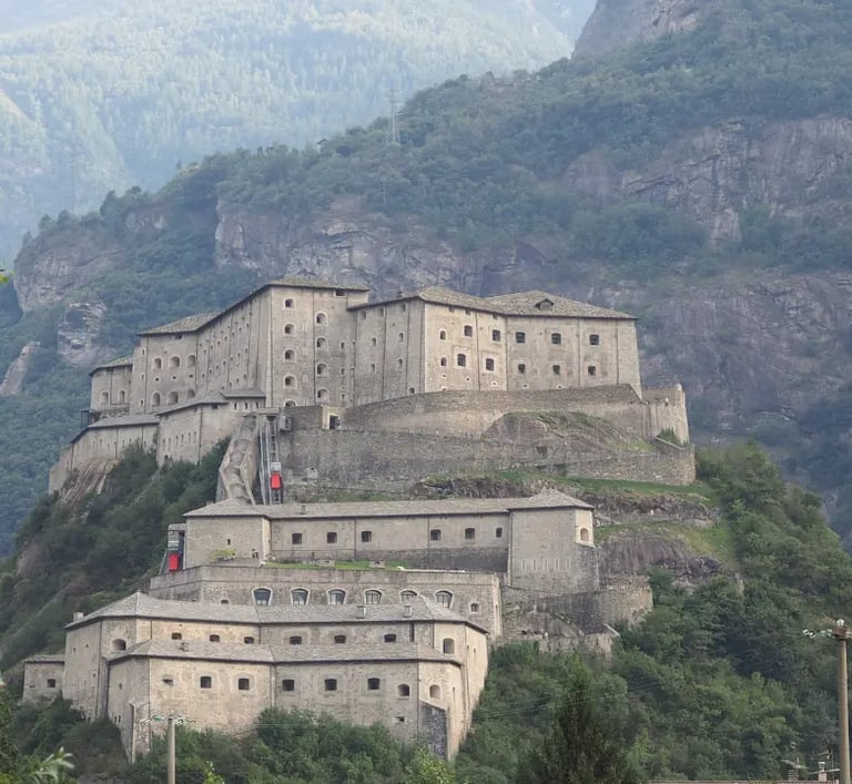 Panoramic view of the Fortress of Bard above the Dora Baltea River in Valle d’Aosta