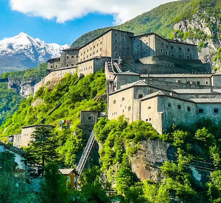 Panoramic view of the Fortress of Bard above the Dora Baltea River in Valle d’Aosta