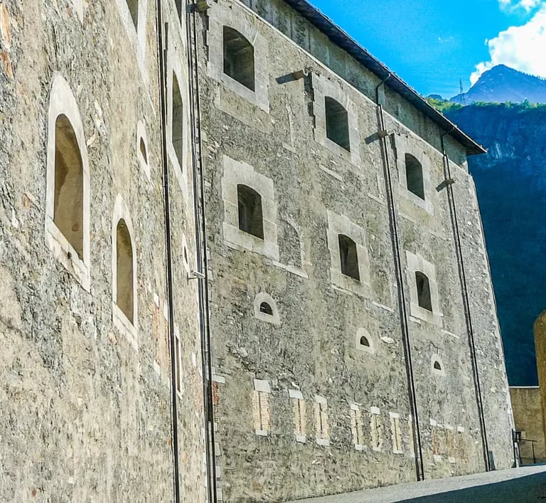 Panoramic view of the Fortress of Bard above the Dora Baltea River in Valle d’Aosta