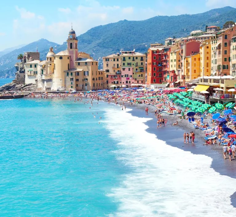Panoramic view of Camogli seafront with colorful pastel houses