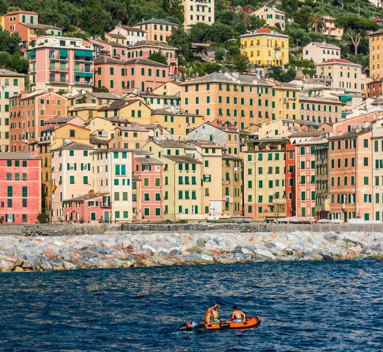 Panoramic view of Camogli seafront with colorful pastel houses