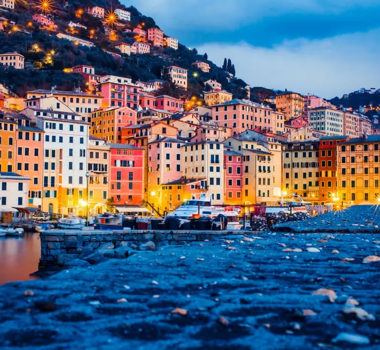 Panoramic view of Camogli seafront with colorful pastel houses