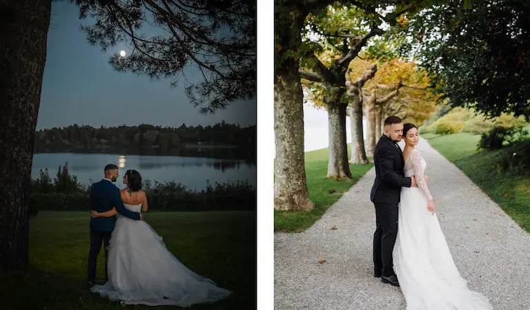 Bride and groom at Lake Como, romantic wedding photo with mountains and water in the background